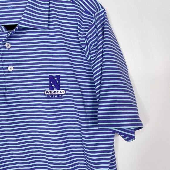 B Draddy M Purple Blue Stripe Pima Cotton Stretch Knit Polo Northwestern Wildcat - Picture 3 of 9